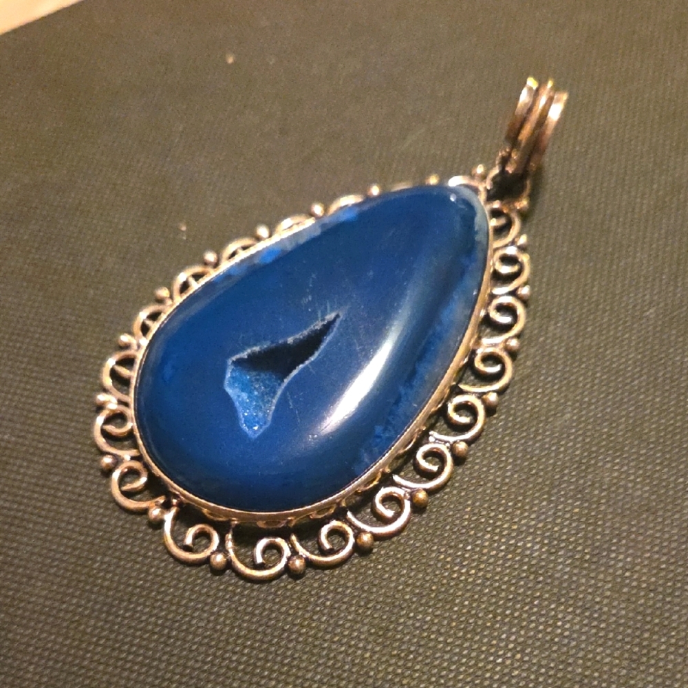 Silver Plated Blue Agate Druzy Teardrop Pendant